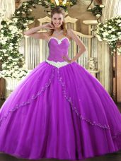 Mini Length Purple Quinceanera Gown Sweetheart Sleeveless Brush Train Lace Up