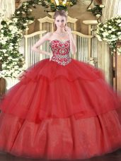 Red Quinceanera Dresses Military Ball and Sweet 16 and Quinceanera with Beading and Ruffled Layers Sweetheart Sleeveless Lace Up