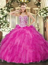 Amazing Sleeveless Floor Length Beading and Ruffles Lace Up Sweet 16 Quinceanera Dress with Fuchsia
