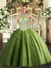 Affordable Floor Length Ball Gowns Sleeveless Olive Green Quinceanera Gown Lace Up