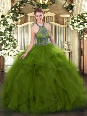 Olive Green Halter Top Lace Up Beading and Ruffles Sweet 16 Quinceanera Dress Sleeveless
