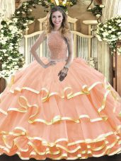 Peach Sleeveless Beading and Ruffled Layers Floor Length Quince Ball Gowns