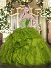 Nice Olive Green Ball Gowns Beading and Ruffles Sweet 16 Dresses Lace Up Organza Sleeveless Floor Length