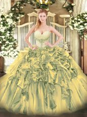 Best Olive Green Ball Gowns Sweetheart Sleeveless Organza Floor Length Lace Up Beading and Ruffles Ball Gown Prom Dress