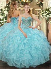 Superior Aqua Blue Ball Gowns Beading and Ruffled Layers Quinceanera Dress Lace Up Tulle Sleeveless Floor Length