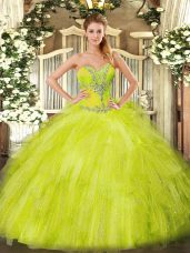 Deluxe Yellow Green Quinceanera Gowns Sweet 16 and Quinceanera with Beading and Ruffles Sweetheart Sleeveless Lace Up