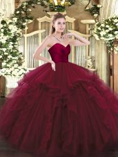 Luxurious Wine Red Tulle Lace Up Sweetheart Sleeveless Floor Length Quinceanera Gown Ruffles