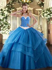 Pretty Floor Length Baby Blue Sweet 16 Dress Tulle Sleeveless Appliques and Ruffled Layers