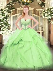Affordable Sleeveless Tulle Floor Length Lace Up 15 Quinceanera Dress in Yellow Green with Beading and Ruffles