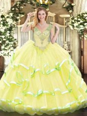 Great Beading and Ruffled Layers Quinceanera Gowns Yellow Lace Up Sleeveless Floor Length