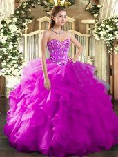 New Style Floor Length Fuchsia 15 Quinceanera Dress Organza Sleeveless Embroidery and Ruffles