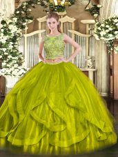 Olive Green Lace Up 15 Quinceanera Dress Beading and Ruffles Sleeveless Floor Length
