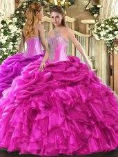 Hot Pink Vestidos de Quinceanera Military Ball and Sweet 16 and Quinceanera with Beading and Ruffles and Pick Ups Sweetheart Sleeveless Lace Up