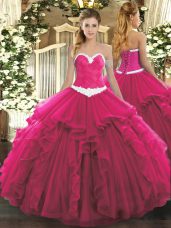 Sleeveless Floor Length Appliques and Ruffles Lace Up Ball Gown Prom Dress with Hot Pink