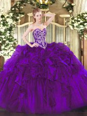 Wonderful Floor Length Purple Sweet 16 Dresses Organza Sleeveless Beading and Ruffles