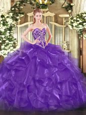 Stunning Purple Ball Gowns Organza Sweetheart Sleeveless Beading and Ruffles Floor Length Lace Up Sweet 16 Quinceanera Dress