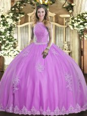Charming Lilac High-neck Lace Up Beading and Appliques 15 Quinceanera Dress Sleeveless
