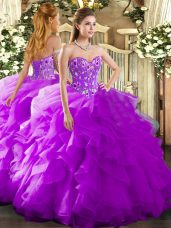 Sweet Purple Ball Gowns Organza Sweetheart Sleeveless Embroidery and Ruffles Floor Length Lace Up Ball Gown Prom Dress