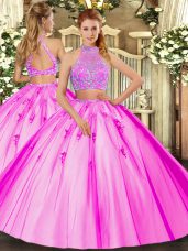 Floor Length Criss Cross Quince Ball Gowns Fuchsia for Military Ball and Sweet 16 and Quinceanera with Beading