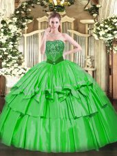 Hot Sale Green Lace Up Strapless Beading and Ruffled Layers Quinceanera Gowns Organza and Taffeta Sleeveless