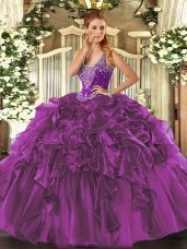 Dramatic Eggplant Purple Sweet 16 Dress Military Ball and Sweet 16 with Beading and Ruffles Straps Sleeveless Lace Up