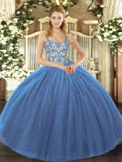 Navy Blue Ball Gowns Tulle Straps Sleeveless Appliques Floor Length Lace Up Quinceanera Gown