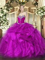 Fuchsia Ball Gowns Organza Sweetheart Sleeveless Beading and Ruffles Floor Length Lace Up Ball Gown Prom Dress