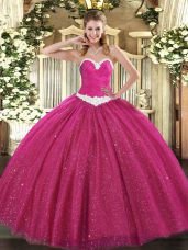 Fashionable Hot Pink Sleeveless Tulle Lace Up Ball Gown Prom Dress for Military Ball and Sweet 16 and Quinceanera