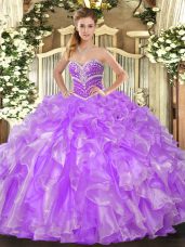 Lavender Organza Lace Up Sweetheart Sleeveless Floor Length Ball Gown Prom Dress Beading and Ruffles