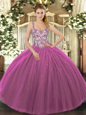 Fashionable Purple Tulle Lace Up Straps Sleeveless Floor Length 15th Birthday Dress Beading and Appliques