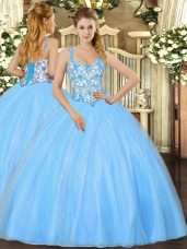 Popular Baby Blue Organza Lace Up Sweet 16 Dresses Sleeveless Floor Length Beading and Appliques