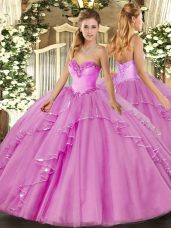 Sweetheart Sleeveless 15 Quinceanera Dress Floor Length Beading and Ruffles Lilac Tulle