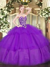 Purple Sleeveless Beading and Ruffled Layers Floor Length Quinceanera Gowns