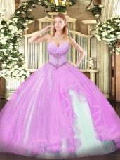Hot Selling Lilac Tulle Lace Up Quinceanera Gown Sleeveless Floor Length Beading and Ruffles