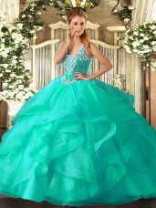New Arrival Sleeveless Tulle Floor Length Lace Up Quinceanera Gown in Turquoise with Beading and Ruffles