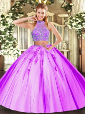Lilac Two Pieces Beading 15 Quinceanera Dress Criss Cross Tulle Sleeveless Floor Length