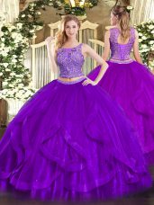 Purple Sleeveless Beading and Ruffles Floor Length Sweet 16 Dress