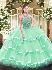 Glorious Apple Green Ball Gowns Halter Top Sleeveless Tulle Floor Length Lace Up Beading and Ruffled Layers Sweet 16 Quinceanera Dress