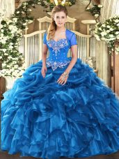 Extravagant Blue Lace Up Ball Gown Prom Dress Beading and Ruffles and Pick Ups Sleeveless Floor Length