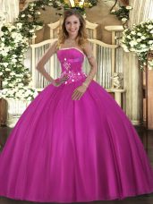 Stunning Fuchsia Sleeveless Floor Length Beading Lace Up 15th Birthday Dress