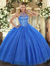 Dynamic Blue Ball Gowns Tulle Halter Top Sleeveless Beading and Embroidery Floor Length Lace Up Quince Ball Gowns
