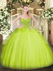 Affordable Yellow Green Sweetheart Neckline Lace Quince Ball Gowns Sleeveless Lace Up