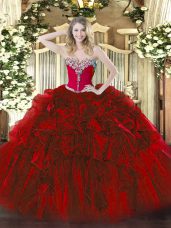 Amazing Wine Red Sweetheart Neckline Beading and Ruffles Ball Gown Prom Dress Sleeveless Lace Up