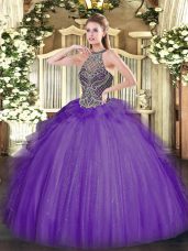 Elegant Floor Length Lavender Quinceanera Gown Tulle Sleeveless Beading