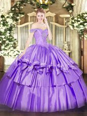 Lavender Ball Gowns Organza and Taffeta Off The Shoulder Sleeveless Beading and Ruffled Layers Floor Length Lace Up Quinceanera Gown