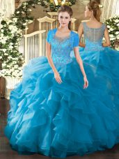 Teal Ball Gowns Tulle Scoop Sleeveless Beading and Ruffled Layers Floor Length Clasp Handle 15 Quinceanera Dress