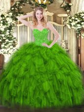 Custom Made Green Lace Up Sweetheart Beading and Ruffles 15th Birthday Dress Organza Sleeveless