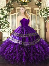 Embroidery and Ruffles 15th Birthday Dress Purple Zipper Sleeveless Floor Length