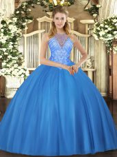 Simple Baby Blue Ball Gowns Tulle High-neck Sleeveless Beading Floor Length Lace Up Vestidos de Quinceanera