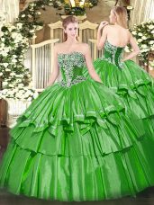 Shining Green Sweet 16 Quinceanera Dress Military Ball and Sweet 16 and Quinceanera with Beading and Ruffled Layers Strapless Sleeveless Lace Up
